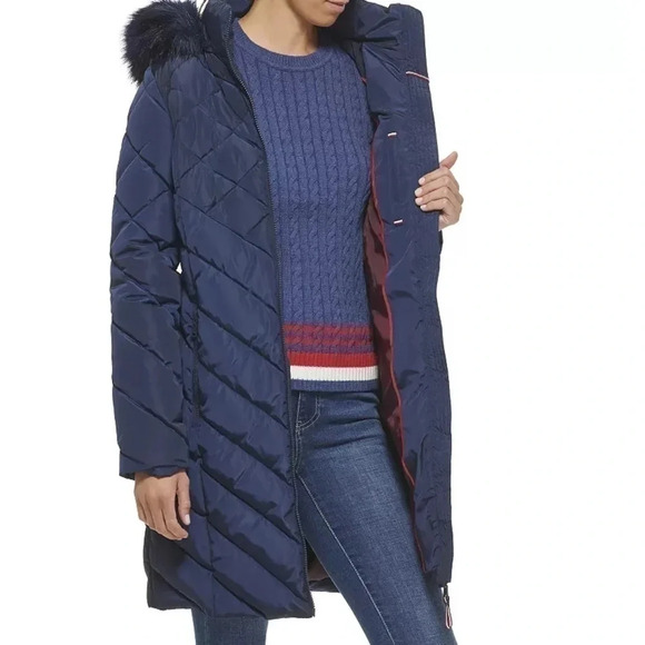 NWOT Tommy Hilfiger Faux-Fur Trimmed Puffer Coat - Picture 2 of 5
